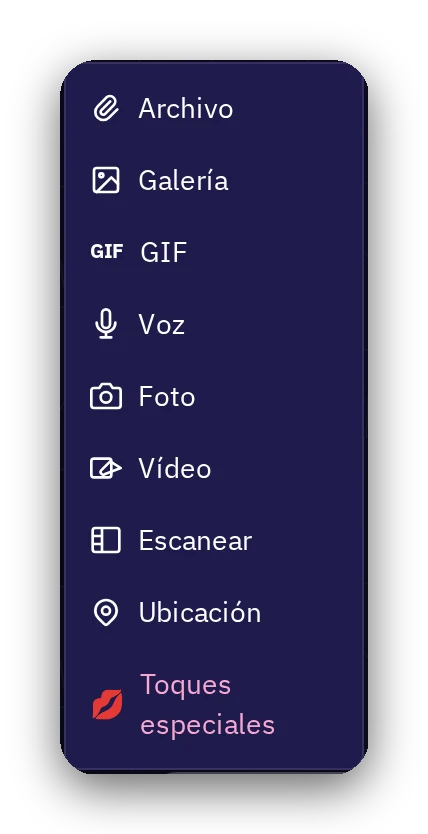 Menú para adjuntar: archivo, galería, GIF, voz, foto, vídeo, escanear, ubicación y toques especiales