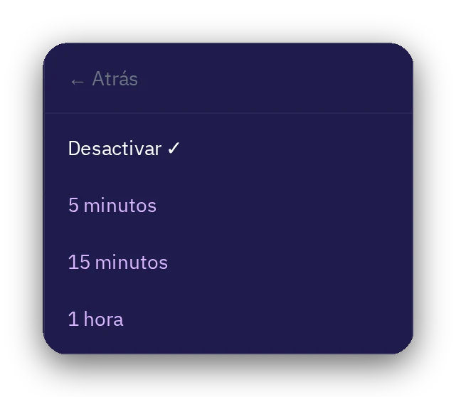 Menú del temporizador: desactivar, 5 minutos, 15 minutos, 1 hora
