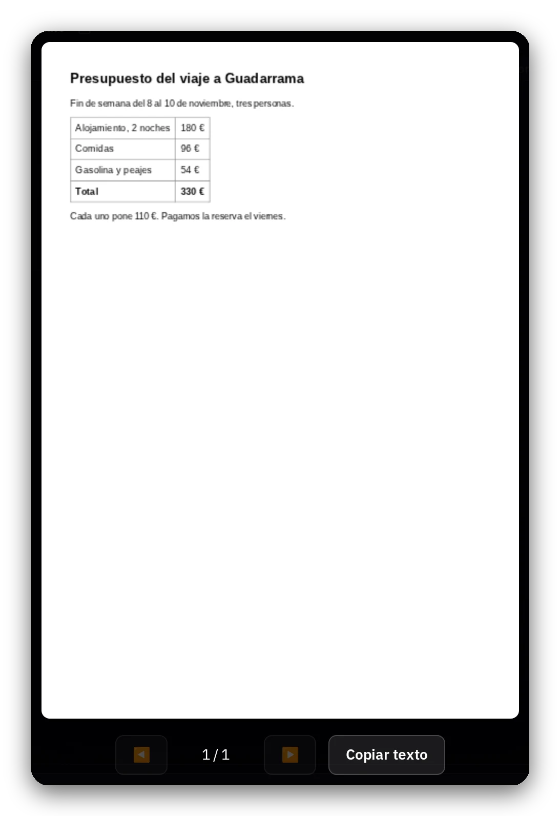 یک فایل PDF بازشده در برنامه با دکمه کپی متن