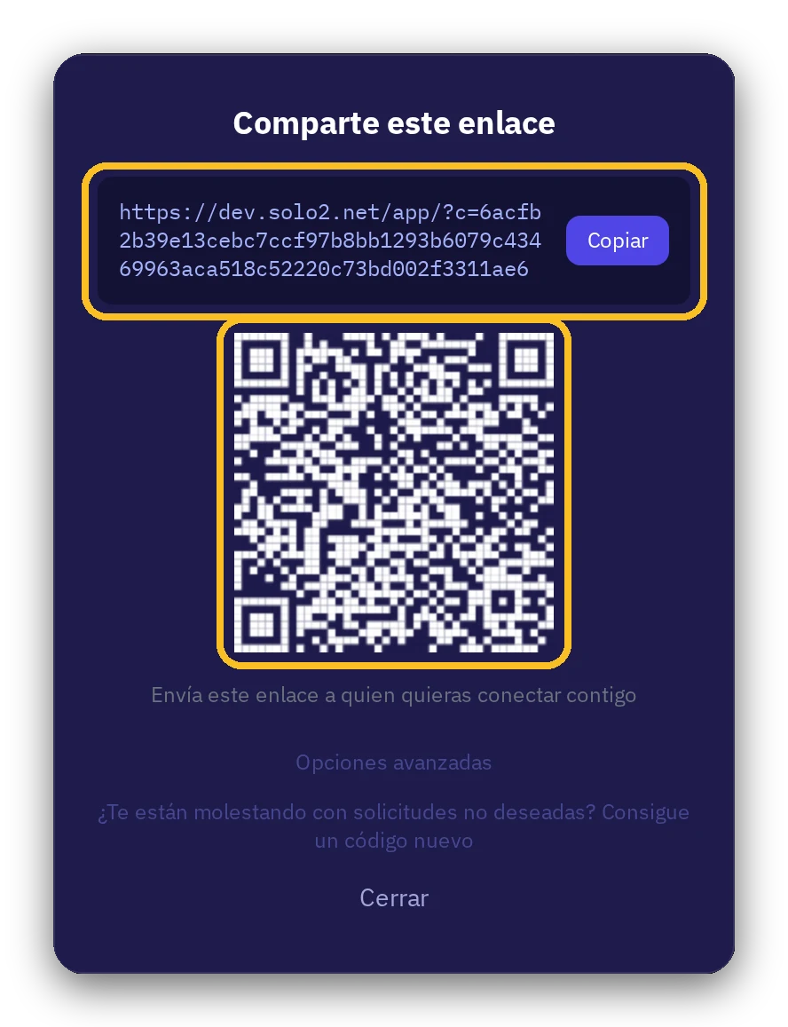 La finestra amb el teu enllaç i el teu codi QR