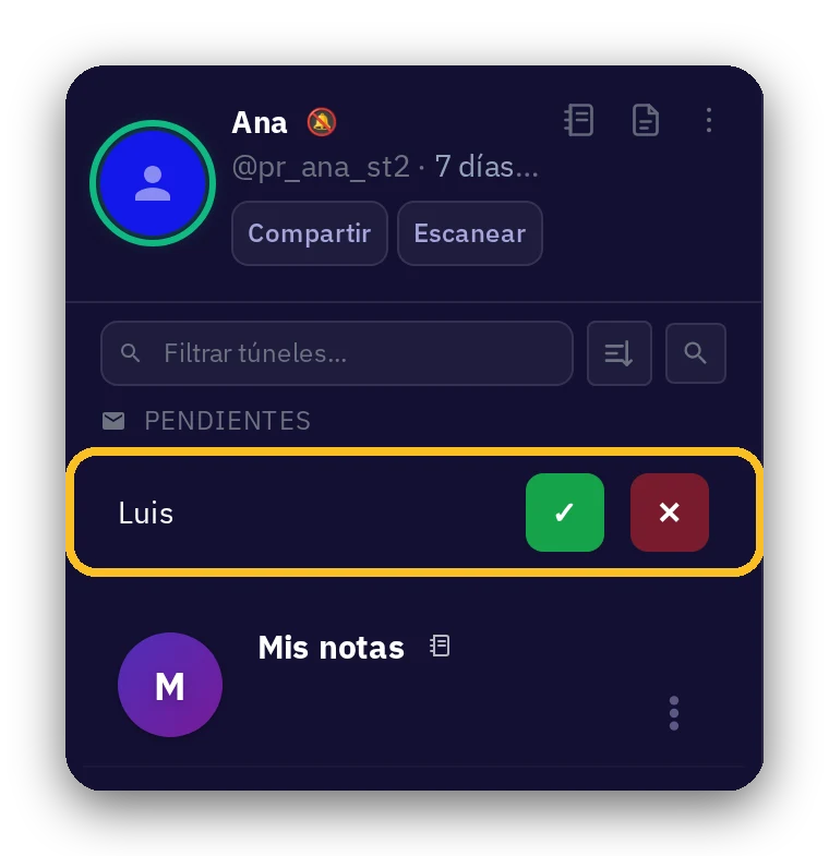 Una sol·licitud pendent, amb el botó verd per acceptar-la