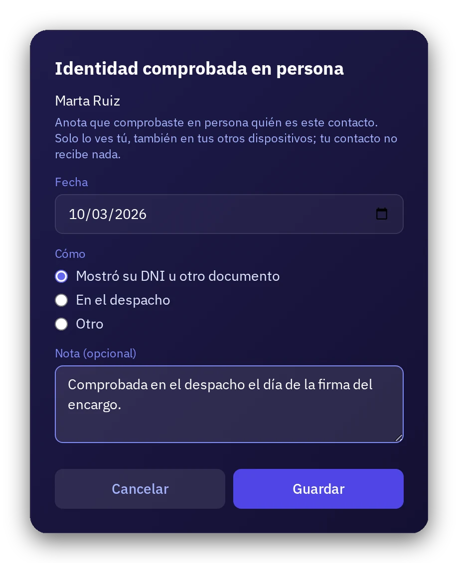 Ventana de identidad comprobada en persona