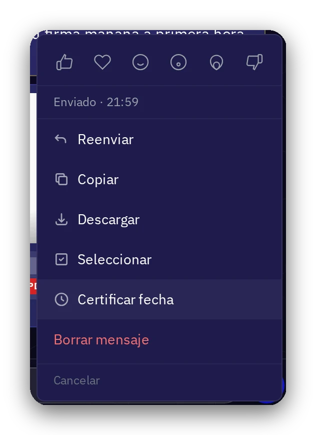 Menú de un archivo con la opción Certificar fecha