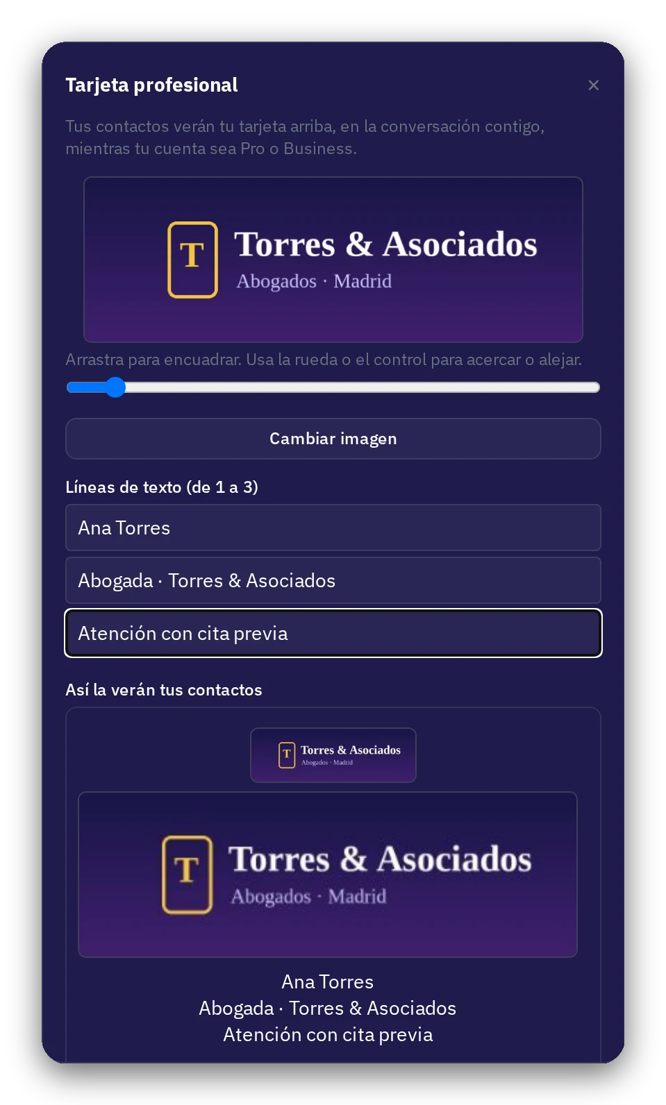 Editor de la tarjeta profesional